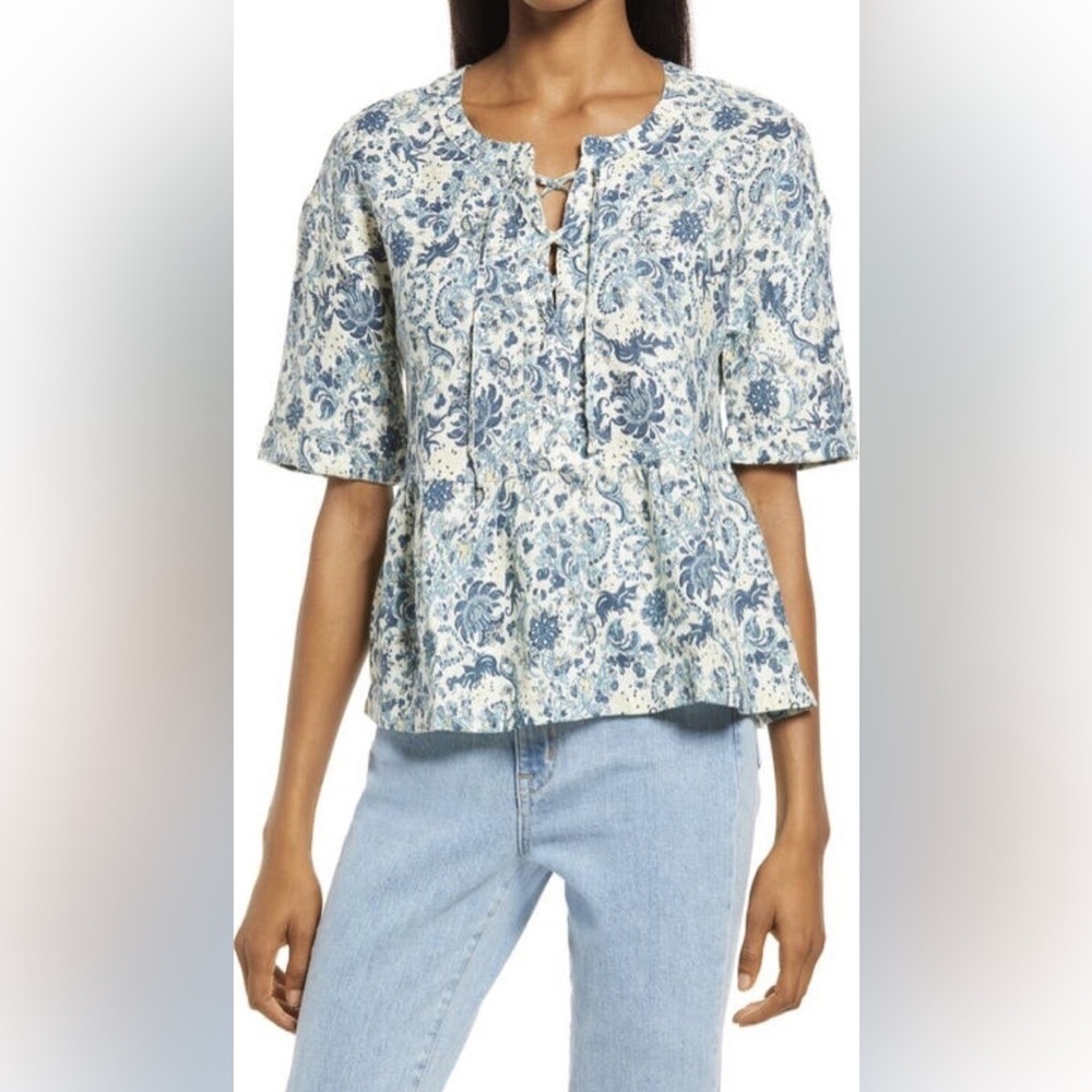 Faherty‎ Salinas 100% Linen Floral Lace Up Top XS